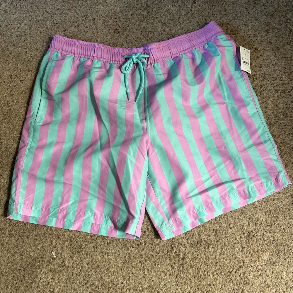 Mad Engine Men’s Striped Pink and Green Swim Shorts/Trunks NWT